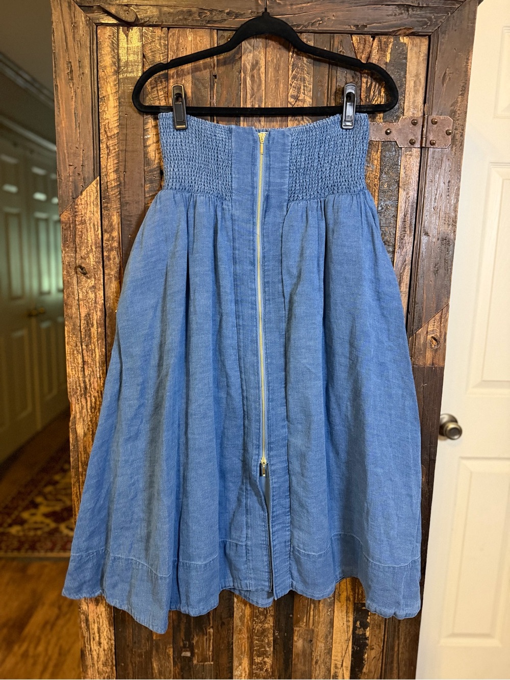 Anthropologie Maeve Tommie Midi Skirt S Blue Denim Smocked Waist Zip Front